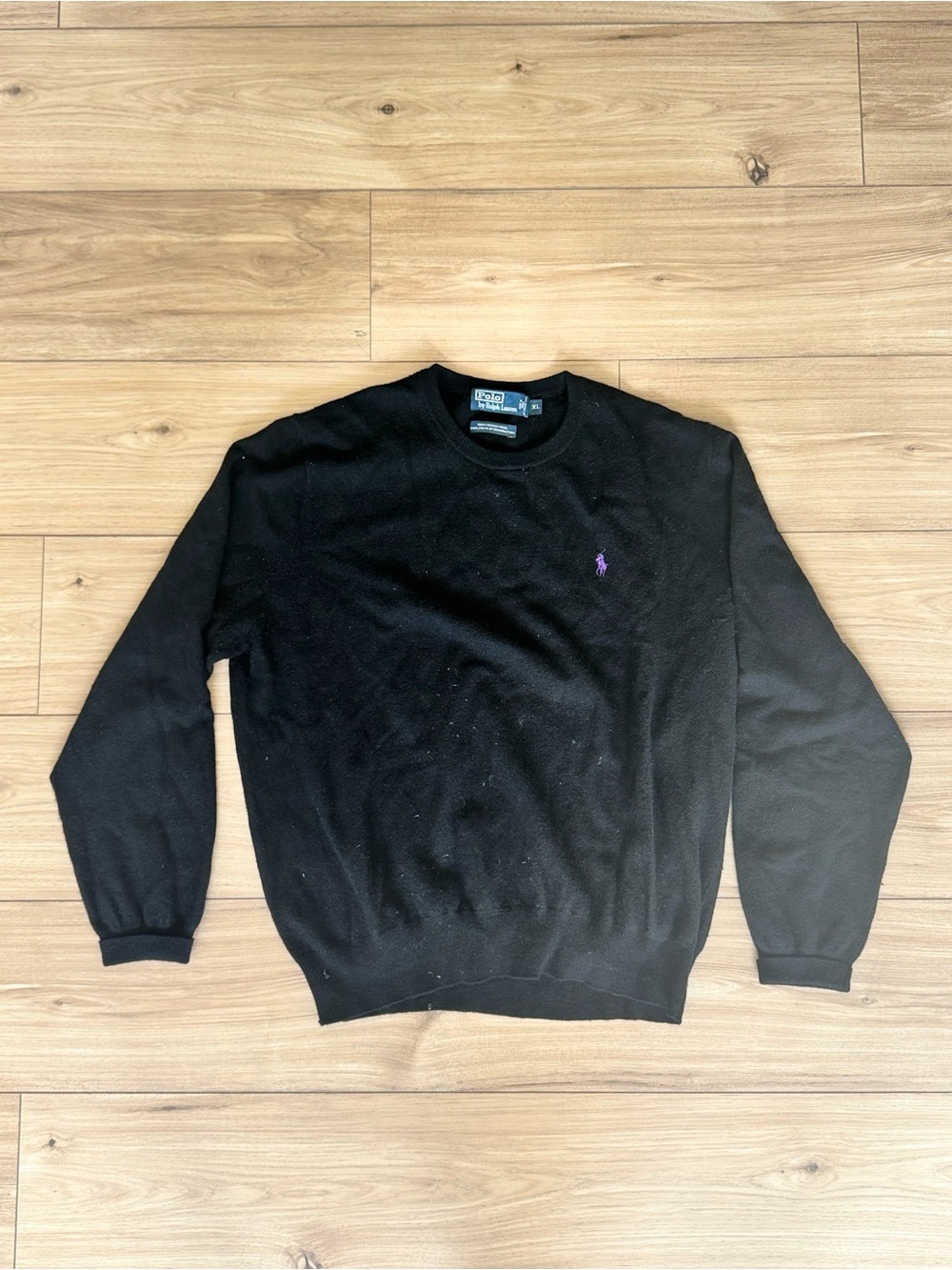 Polo by Ralph Lauren Black Cashmere Crewneck Sweater with Purple Pony